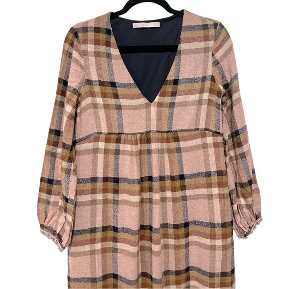 ZARA Check Tartan Plaid Print Pocket V-Neck Midi Dress Small Brown Blue - Picture 6 of 12